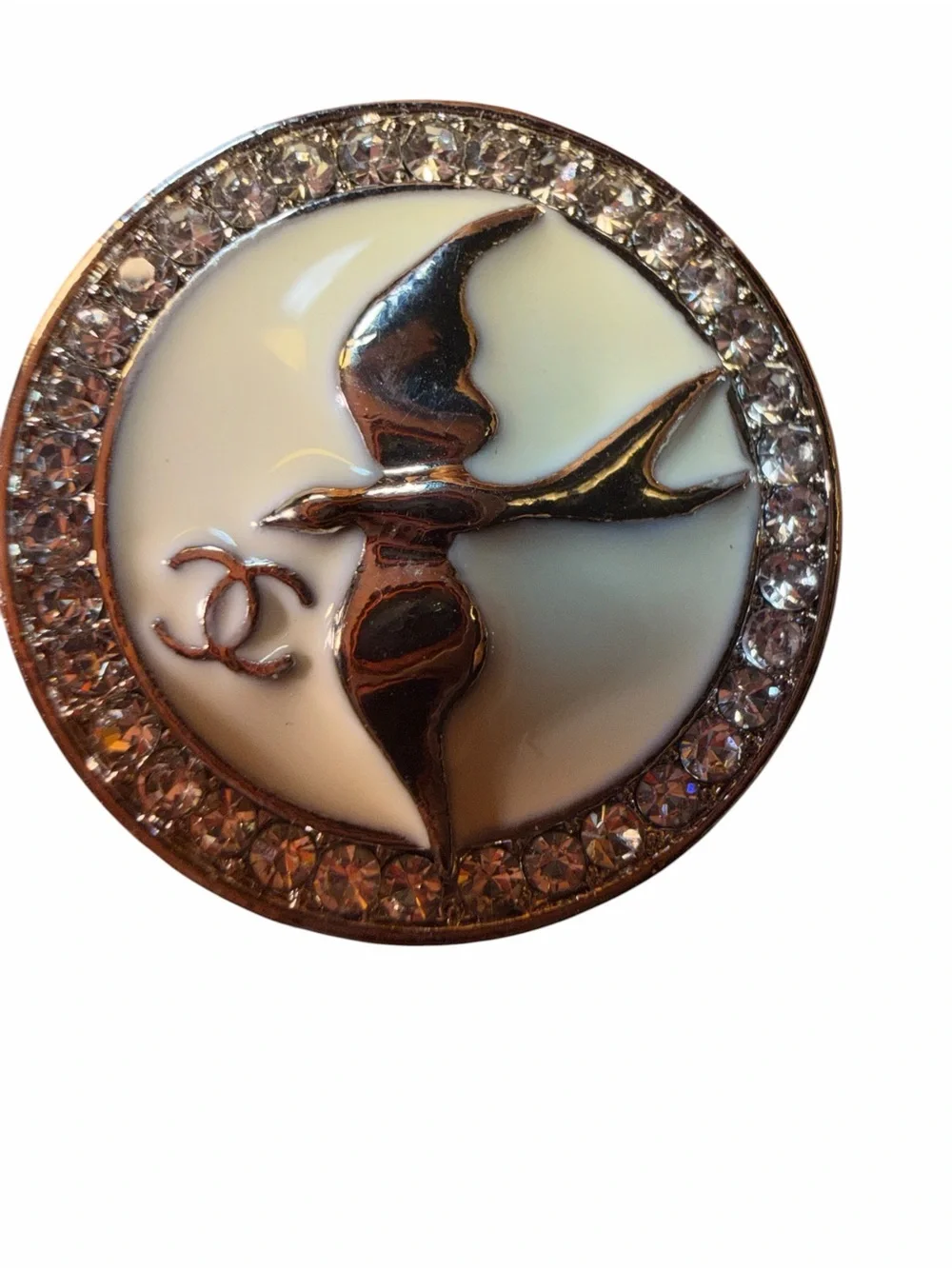 CHANEL Cream Enamel Swallow Buttons with Crystal Silver Trim